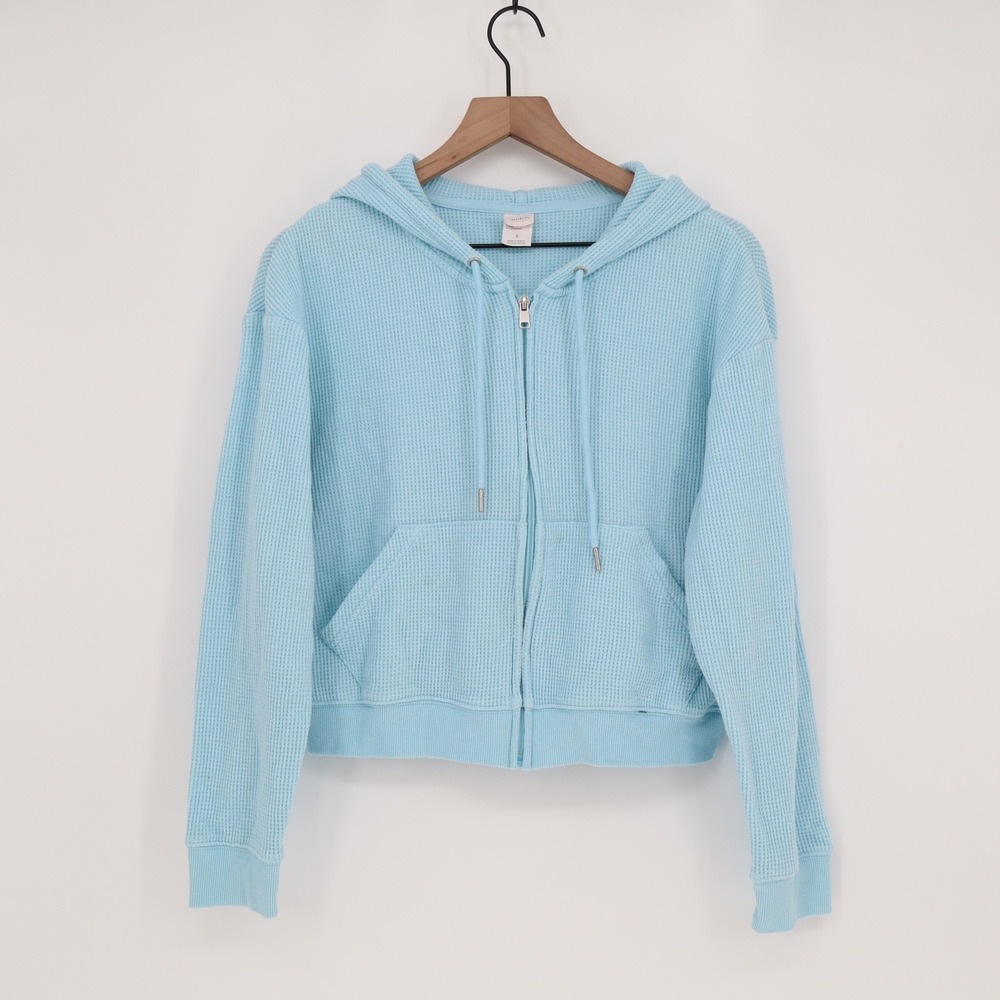 JoyLab Zip Up Hoodie Womens S Waffle Knit Light Blue Thermal Excellent